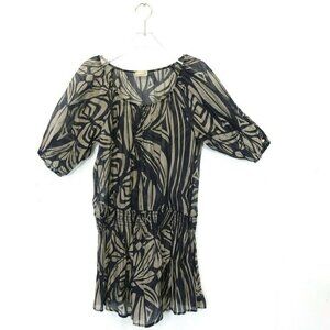 BANANA MONKEY Women's‎ Navy Blue Tunic Top LARGE Floral Sheer Puffed Sleeve